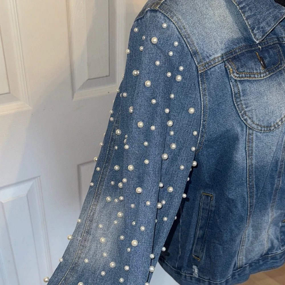 Pearl Studded Blue Denim Jacket - Picture 3 of 13